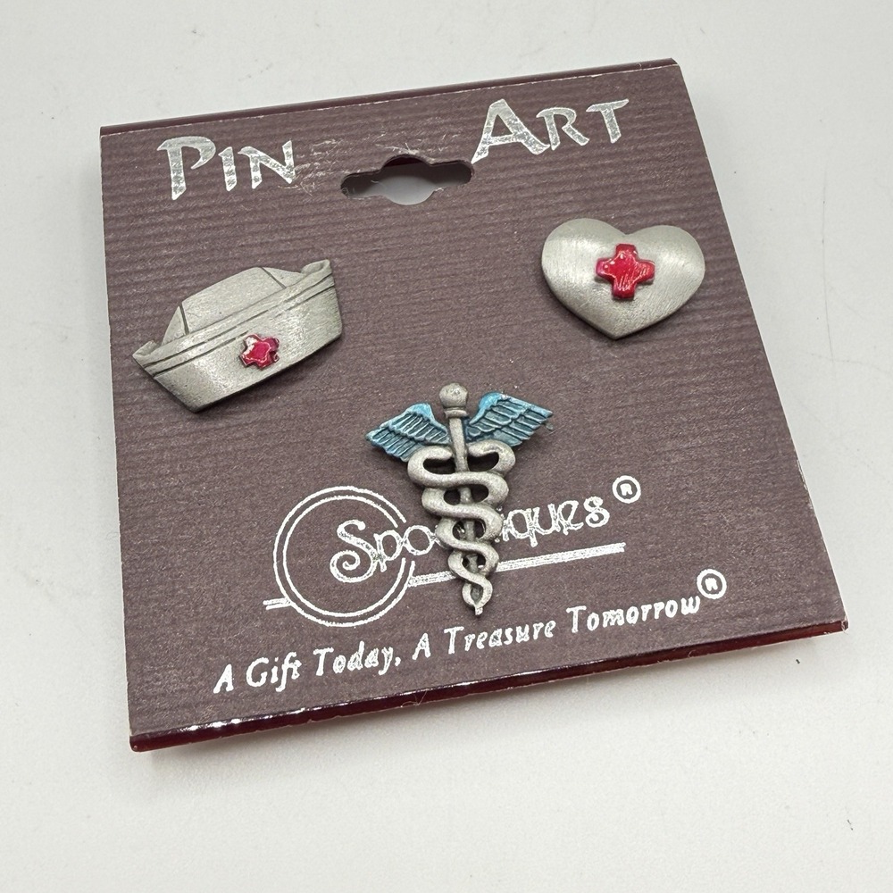 Nurse Doctor Medical Caduceus Heart Spoontiques Pewter Pin Art Set JJ Signed USA